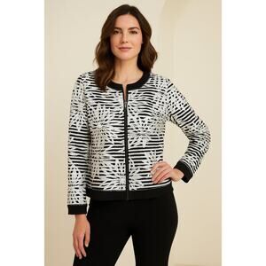 Joseph Ribkoff Full Zip Vinyl Shimmer Striped Floral Jacket Black White Size 12